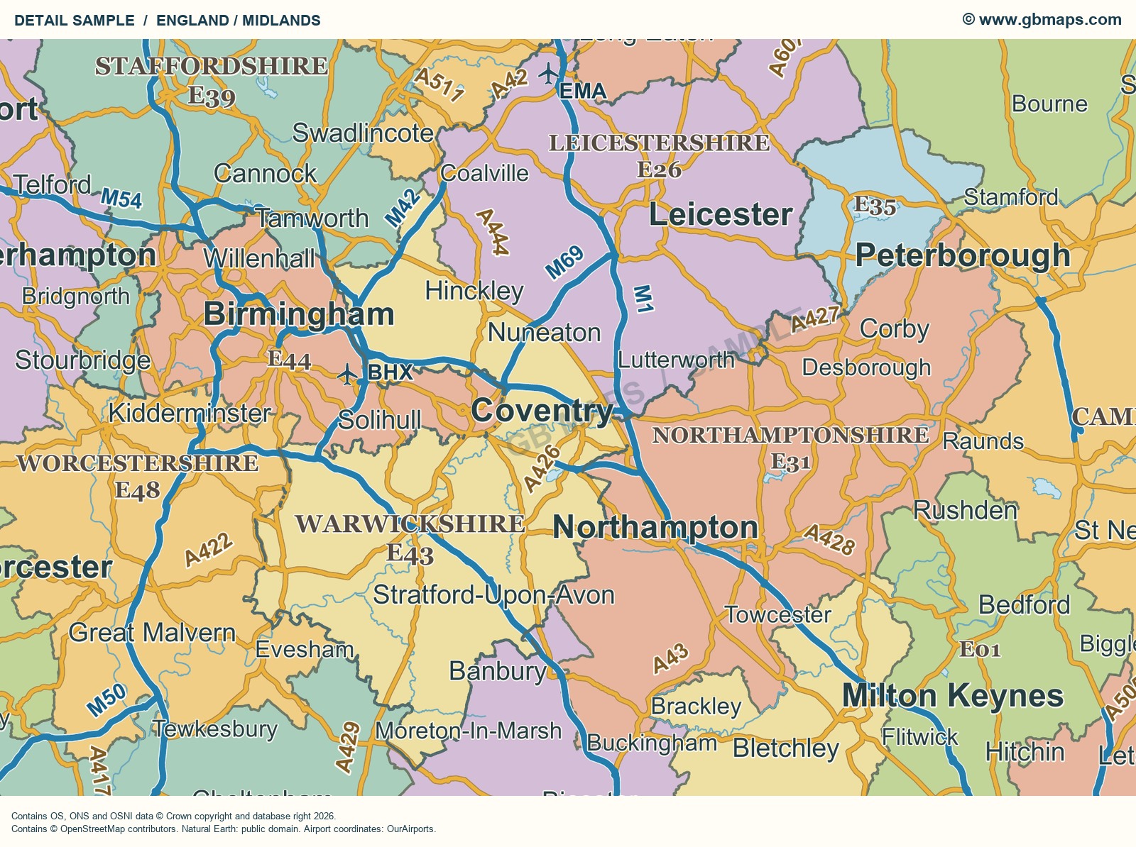 England and Midlands detail from the UK county wall map