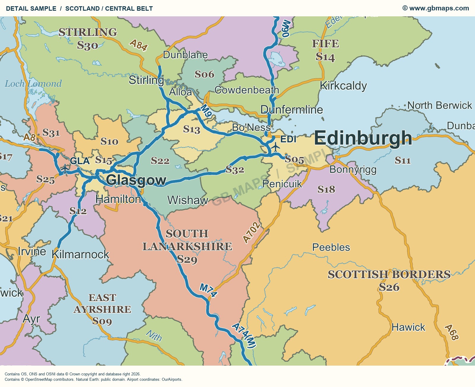 Central Scotland detail from the UK county wall map